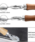 Three-piece BAYTORY screen tool set with wooden-handle spline rollers (steel/nylon), shown on window screen mesh