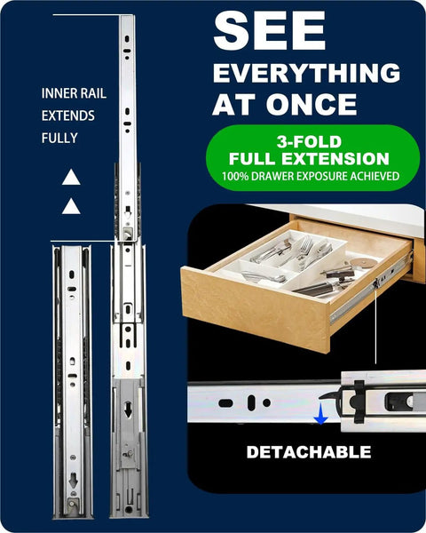 Heavy Duty 18 Inch Soft Close Drawer Slides With Full Extension For Cabinets And Dressers 6 Pairs 100 Lb Capacity Smooth Glide No Slam Close Rust Resistant Ball Bearing Hardware with installed drawer and visible extensions