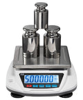 Dialed-In High Precision Digital Lab Scale 5000g Capacity, 0.01g Accuracy, showing weights on stainless steel platform