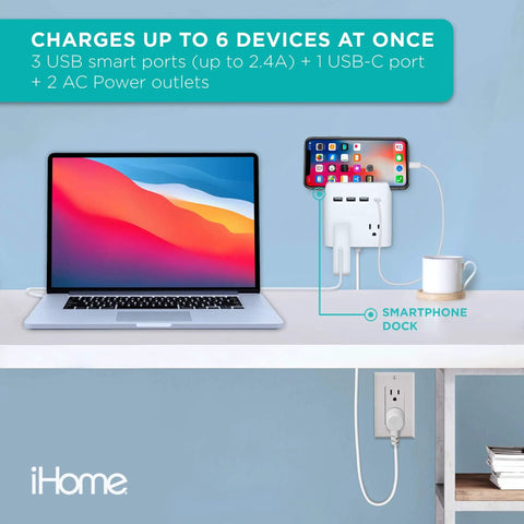 Power Reach Multi-Outlet Extender with 2 outlets, 4 USB ports, 1 USB-C and 3 USB-A, 6 ft cord on desk charging laptop and phone