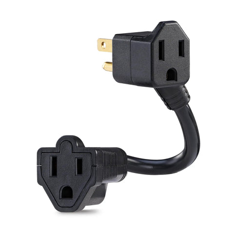 Six Inch Heavy Duty Extension Cord With Two Grounded Nema 5 15R Outlets and durable impact-resistant casing 125V 13A Black