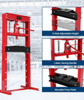 Built Tough 20 Ton Hydraulic H Frame Shop Press For Industrial Grade Stability And Floor Use Reinforced Carbon Steel Construction With Powder Coated Finish For Durability And Corrosion Resistance, red H-frame press with adjustable height