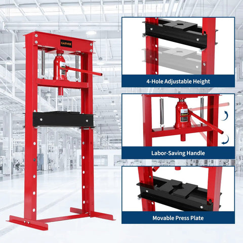 Built Tough 20 Ton Hydraulic H Frame Shop Press For Industrial Grade Stability And Floor Use Reinforced Carbon Steel Construction With Powder Coated Finish For Durability And Corrosion Resistance, red H-frame press with adjustable height