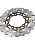 Drop In 300Mm Front Brake Disc Rotor With Stainless Steel Floating Design And Wavy Cooling Ribs For Rock Solid Stopping Power On 2017 To 2025 Dirt Bikes Featuring Cnc Aluminum Hub In Gold, viewed from the side.
