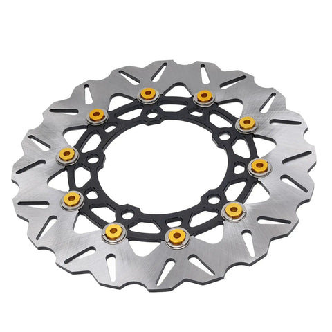 Drop In 300Mm Front Brake Disc Rotor With Stainless Steel Floating Design And Wavy Cooling Ribs For Rock Solid Stopping Power On 2017 To 2025 Dirt Bikes Featuring Cnc Aluminum Hub In Gold, viewed from the side.