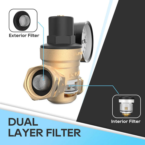 Front view of RV water pressure regulator valve, brass with gauge and dual-layer exterior/interior filters