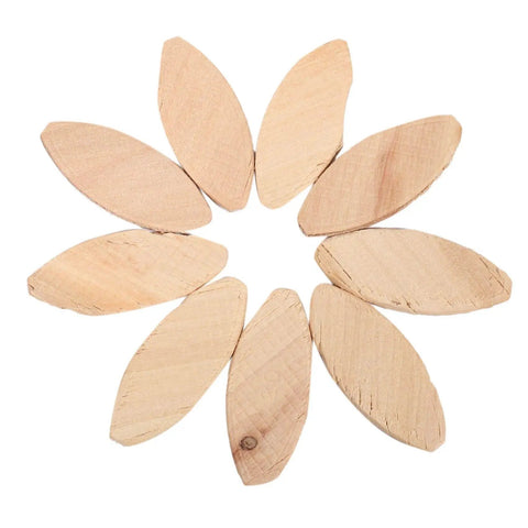 200 Pcs Assorted Beech Wood Blanks For Biscuit Jointer No 20 And No 0 Flattened And Glue Ready in circular arrangement.