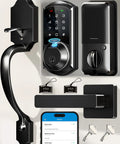 Rock Solid Matte Black Smart Lock For Front Door Handle featuring fingerprint access, keypad, and app control setup for convenience.