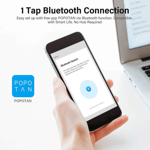 Hand holding smartphone showing Bluetooth setup for Mini Smart Plugs Bluetooth WiFi Outlet That Play Nice With Alexa And Google Home Assistant Remote Control With Timer Function No Hub Hassle Plug And Play Setup Two Point Four GHz WiFi Only ETL FCC RoHS Listed 2 Pack.