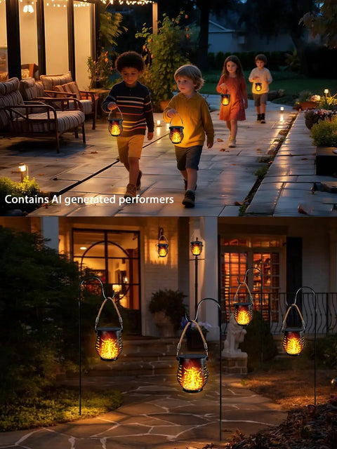 Four Pack Solar Lanterns With Flickering Flame, outdoor waterproof hanging lights with rustic hemp rope handle illuminating pathway.