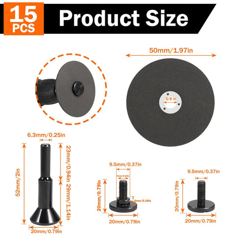 2 Inch Die Grinder Cut Off Wheel Set, 15 Pack Metal Cutting Discs with 3/8 Inch Center Hole, metal arbor and 1/4 Inch shank