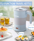 Travel Electric Kettle 700ML Foldable BPA Free Portable Kettle With Keep Warm And Delay Start 110V Blue on kitchen table