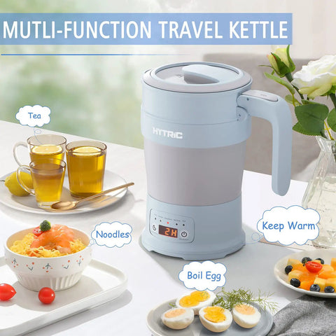 Travel Electric Kettle 700ML Foldable BPA Free Portable Kettle With Keep Warm And Delay Start 110V Blue on kitchen table