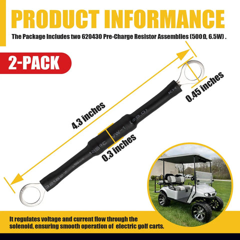 Two 620430 Pre Charge Resistor Assemblies 500 Ohm, 4.3x0.3 inches, designed for 48V Electric Golf Cart Solenoid.