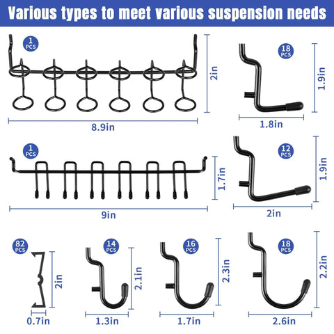 Various hook types from 196-Piece Extra Thick Quarter Inch Pegboard Hooks Set Heavy Duty Black Metal Pegboard Accessories With Bins