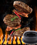 3 In 1 Hamburger Press With Nonstick Patty Mold for Stuffed Burgers, Sliders, and Veggie Patties near a grill with flames