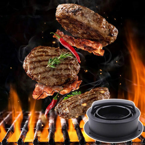 3 In 1 Hamburger Press With Nonstick Patty Mold for Stuffed Burgers, Sliders, and Veggie Patties near a grill with flames