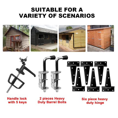 Heavy Duty All In One Shed Door Hardware Kit With L Handle Lock And Six Inch T Hinges In Matte Black Weatherproof Finish For Outdoor Storage Units Barn Doors And Garden Playhouses Includes Mounting Screws And Easy Install