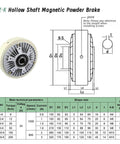 Diagram and specifications of FZ-K Hollow Shaft Magnetic Powder Brake, showing model sizes and technical details, including torque and speed.