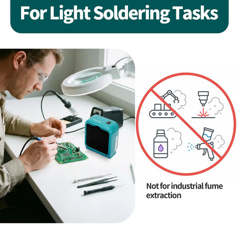 Compact Soldering Fume Extractor That Busts Soldering Smoke With Dual Activated Carbon Filters For PCB Soldering And Electronics Repair Built In Switch Eight Carbon Filters Included Two Stage Airflow Keeps Your Workbench Clean in use on a desk