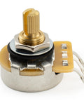 Close-up of 450G Brass Short Split Shaft Potentiometers Set Of 4 With B250K Value Ten Percent Linear Taper for guitars and basses