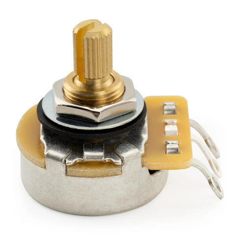 Close-up of 450G Brass Short Split Shaft Potentiometers Set Of 4 With B250K Value Ten Percent Linear Taper for guitars and basses