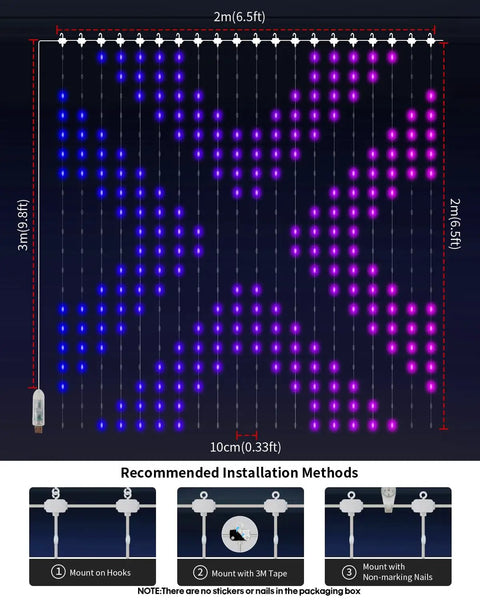 Color Changing LED Curtain Lights With Remote And App Control For Bedroom And Living Room 6.6 By 6.6 Feet 400 LEDs RGB IC DIY Mood Backdrop Decor For Holidays And Parties displayed with dimensions and installation methods.