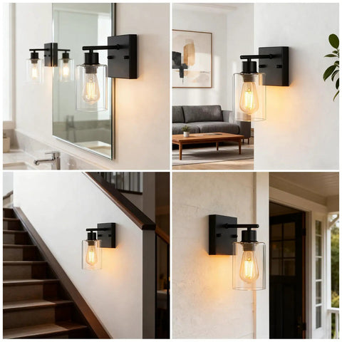 Modern Matte Black Wall Sconces With Clear Glass Shades above bathroom mirror and hallway; versatile farmhouse industrial lights.
