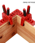 Six Piece 4 Inch 90 Degree Positioning Squares Right Angle Clamps for woodworking, shown securing wood at a 90-degree angle, clamp not included