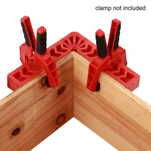 Six Piece 4 Inch 90 Degree Positioning Squares Right Angle Clamps for woodworking, shown securing wood at a 90-degree angle, clamp not included