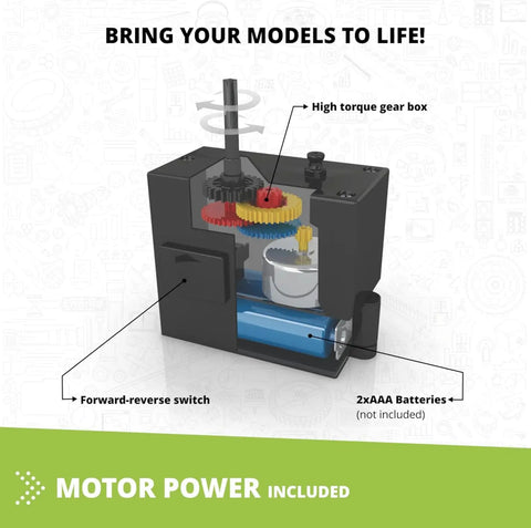 Creative Builder 30 In 1 Multimodel STEM Kit For Kids 7 And Up Motorized gear box illustration showing motor with labels.