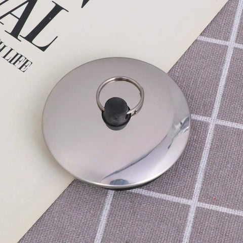 2pcs Rubber Drain Stopper for Bathtub, Bathroom and Kitchen, round shiny metal design with black rubber stopper, perfect for sealing.