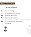 58.35 Mm Espresso Coffee Tamper Kit With Stainless Steel Base and Silver Mirrored Aluminum Handle showing product features and details.