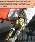 Close-up of heavy-duty 9/16-inch quick connect fittings for oxy acetylene and oxygen fuel lines with reverse flow check valves.