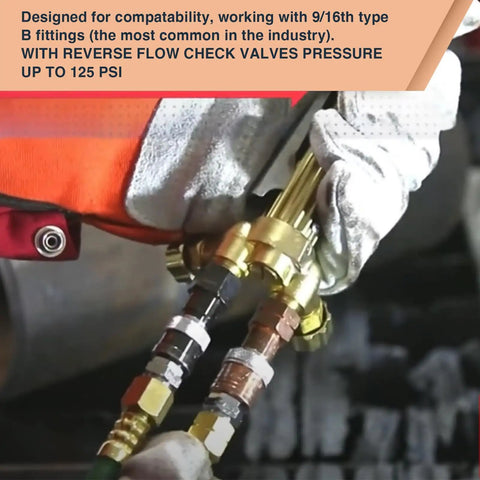 Close-up of heavy-duty 9/16-inch quick connect fittings for oxy acetylene and oxygen fuel lines with reverse flow check valves.