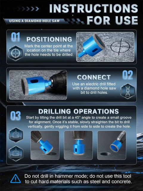 Instructions for using the Badass 15 Piece Diamond Hole Saw Kit with visuals for positioning and drilling techniques.