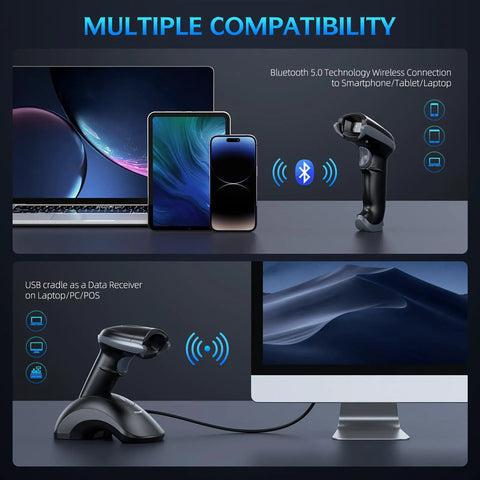 Bluetooth Barcode Scanner With USB Charging Cradle 1D 2D QR Reader For iOS Android Windows Mac OS Long Range Bluetooth 5.0 Omnidirectional Scanning Hands Free No Fuss Use And Tool Free Battery Replacement