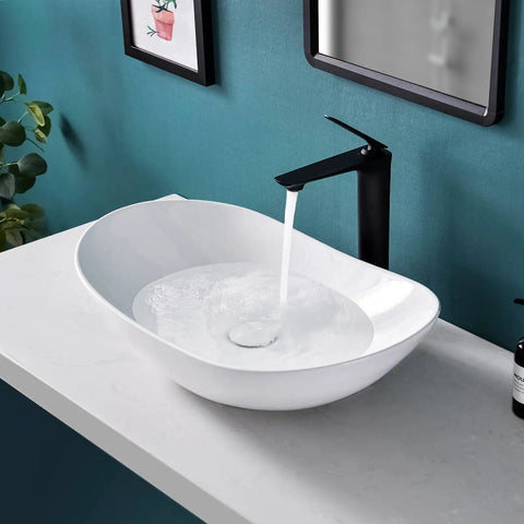 Large Oval Vessel Sink 24 Inch By 13.8 Inch White Ceramic Above Counter Bathroom Sink With Pop Up Drain Modern European Style