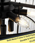 Close-up of Lit 12 Light Crystal Chandelier, 23.64 Inch Black Three Tier Pendant Ceiling Light Fixture showing bulbs and black matte frame.