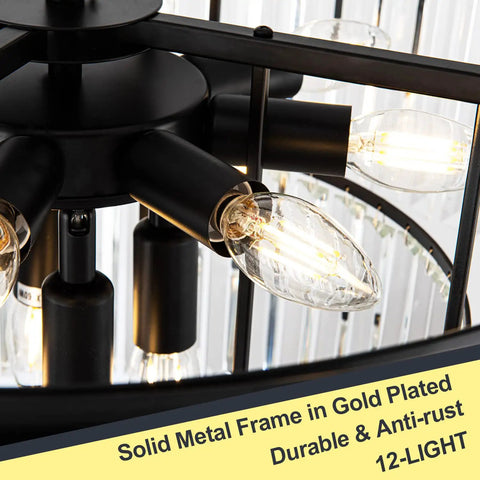 Close-up of Lit 12 Light Crystal Chandelier, 23.64 Inch Black Three Tier Pendant Ceiling Light Fixture showing bulbs and black matte frame.