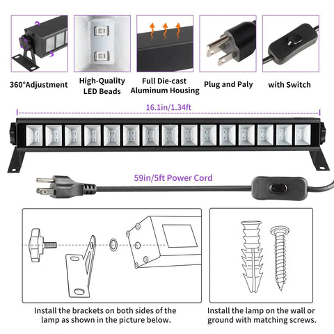 Diagram and components of 30W Black Light Bar With 30 LEDs Black Light Flood Light With Switch Plug And 5ft Cable for party use.