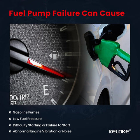 Fuel gauge showing empty and gasoline nozzle indicating fuel pump failure issues.