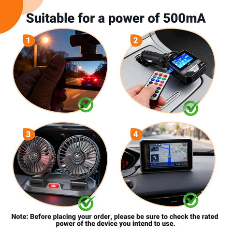 Plug And Play AC DC Car Cigarette Lighter Adapter Converter powering various devices like cameras, fans, GPS, and remotes.