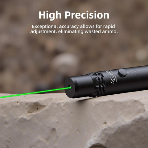 Green Bore Sight Laser Kit With 64 Adapters for precise alignment with visible green laser beam on a rock surface.
