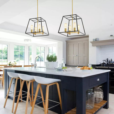 Black And Brass Farmhouse Industrial 4 Light LED Pendant For Kitchen Island And Dining Room in modern kitchen setting