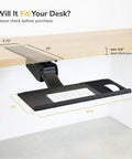Adjustable Under Desk Keyboard And Mouse Tray Smooth Glide Platform with measurements for desk thickness and dimensions.
