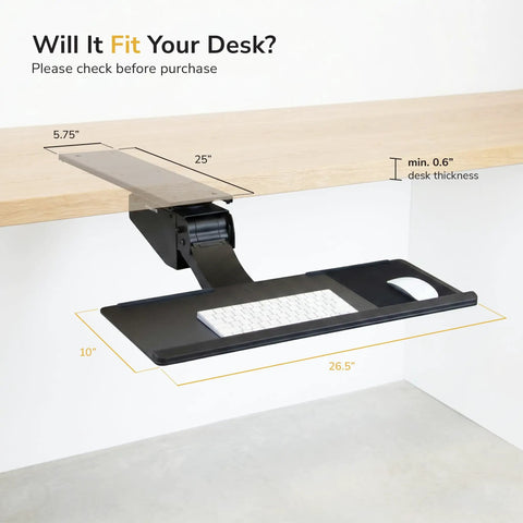 Adjustable Under Desk Keyboard And Mouse Tray Smooth Glide Platform with measurements for desk thickness and dimensions.