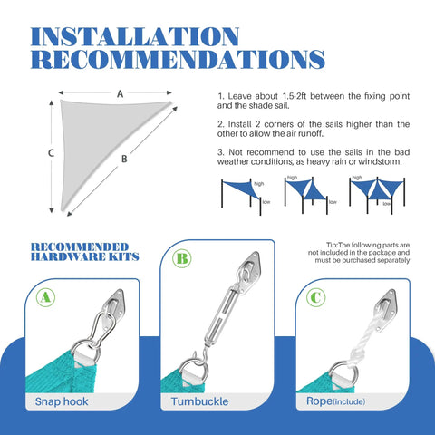 Installation guide for Right Triangle Sun Shade Sail 8x8x11 Foot HDPE Patio Canopy, showing snap hook, turnbuckle, and rope details.