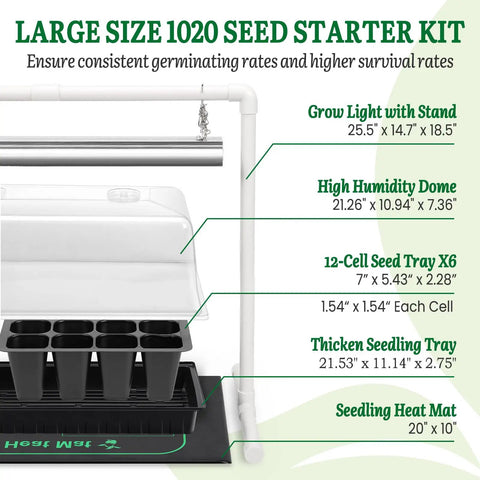 Seed Starter Kit With Grow Light Heat Mat 7 Inch Humidity Dome And 6x12 Cell Tray On Stand, includes measurements.