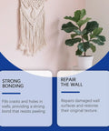 Two text boxes about Fast No Mess Drywall Repair Kit For Holes And Cracks, Easy Putty Mending Paste For Walls, next to plant and decor.